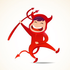 A cute little red devil with a spear. Halloween kids costume character design vector on isolated background.