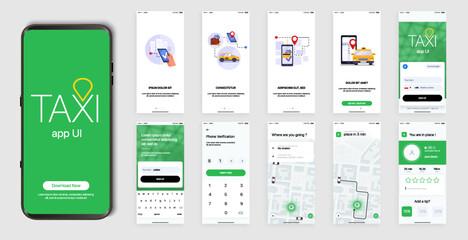 Design of the Mobile Application, UI, UX. Set of GUI Screens with Login and Password input, and screens with Taxi Orders and Car Navigation in the City