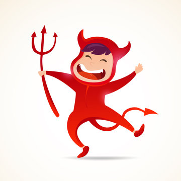 A cute little red devil with a spear. Halloween kids costume character design vector on isolated background.
