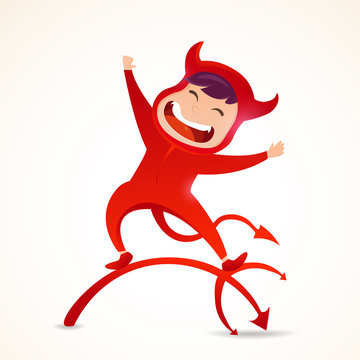 A cute little red devil with a spear. Halloween kids costume character design vector on isolated background.