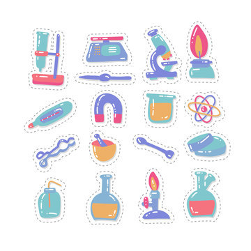 Set Stickers Of Laboratory Equipment In Flat Color Cartoon Style. Hand Drawn Childish Chemistry And Science Icons Set. Elements, Tools, Test-tube. Reactions Research, Education, Medical Stuff