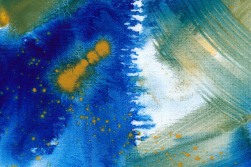 Ultramarine yellow and green watercolor hand drawn background. Vintage indigo dry brush strokes raster illustration.