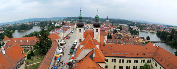 Telc city with historical buildings. Unesco world heritage site. View from the Church tower of St. James. South Moravia. Czech republic.