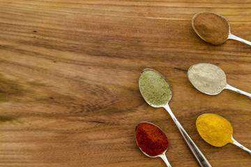 Various colorful spices arranged on spoons