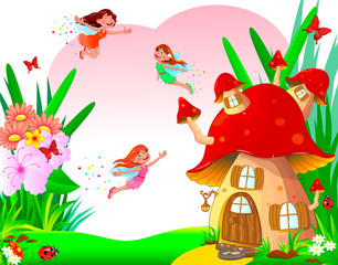 Little joyful fairies fly among flowers and a mushroom house