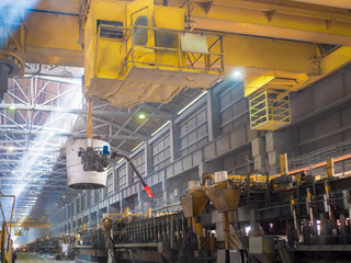 Aluminum plant. aluminum smelting bucket. Safe environmental high-tech processes. Modern smelter. Melting furnace