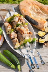 Shish kebab with vegetables. Grill meat and vegetables