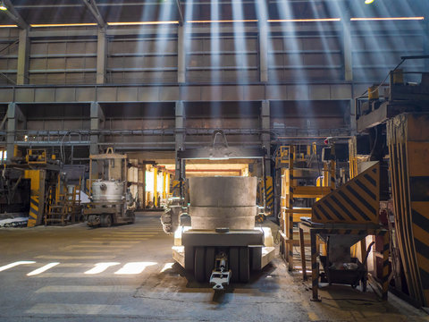 Aluminum plant. aluminum smelting bucket. Safe environmental high-tech processes. Modern smelter. Melting furnace