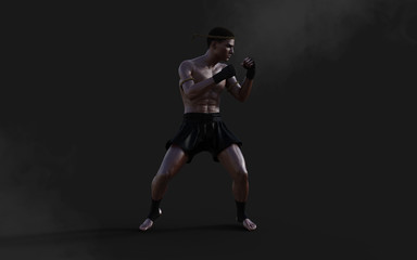 Fototapeta na wymiar 3d Illustration Human Martial Arts Sports Training with Clipping Path, Kick Boxing, Muscle Man in Dark Background.