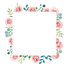 Frame from Pink roses. Watercolor hand drawn illustration. White background