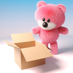 3d pink teddy bear with fluffy fur looking into an empty cardboard box, 3d illustration