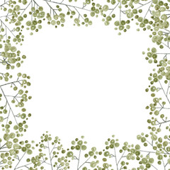 green and gray leaves branches and flowers, freehand drawing in pencil illustration, frame template for design of wedding invitations, background