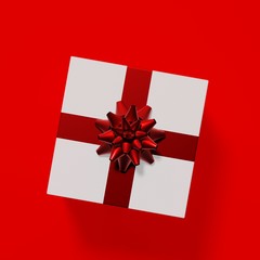 Cadeau vu de dessus sur fond rouge