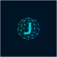 Letter J Logo design. Technology digital abstract dot connection cross vector logo icon circle logotype. network, line, chip, concept. logo - Vector