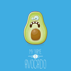 funny cartoon cute green avocado character isolated on blue background. My name is avocado vector concept. vector healthy summer fruit character