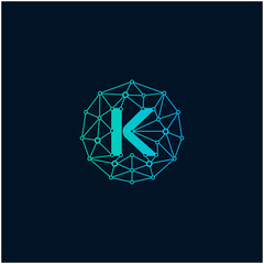 Letter K Logo design. Technology digital abstract dot connection cross vector logo icon circle logotype. network, line, chip, concept. logo - Vector