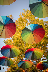 beautiful umbrellas in a European city