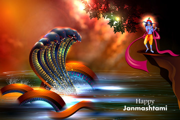 easy to edit vector illustration of Lord Krishna playing flute on Happy Janmashtami holiday Indian festival greeting background - 290807714