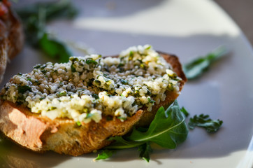 mix bruschetta with fresh vegetables, goat cheese & grapes