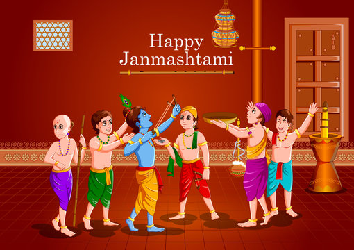 easy to edit vector illustration of Lord Krishna with friends eating makhan cream on Happy Janmashtami holiday Indian festival greeting background