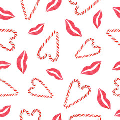 Seamless watercolor pattern for Valentine's day with lips, candy heart. Ideal for packaging paper, fabric, backgrounds, wallpaper.