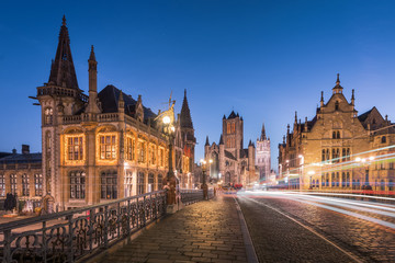 Cityscape view of Gent with car light trail, Belgium during twilight