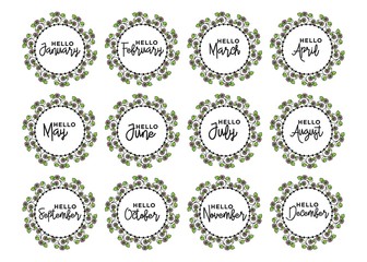 flower form with month names: December, January, February, March, April, May, June, July, August September October November Calligraphy words for calendar and organizer Vector illustration