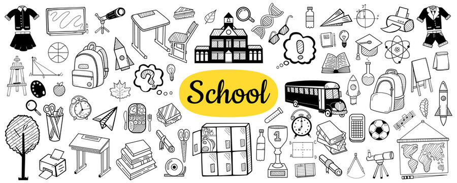 Big collection of school elements. Back to School concept. Hand drawn sketch. Vintage vector engraving illustration for poster, web.