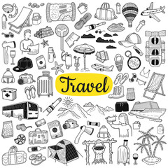 Big collection of travel elements. Tourism and summer concept. Hand drawn sketch isolated on a white. Vintage vector engraving illustration for poster, web. © Art Alex