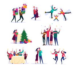 Set of families celebrating New Year. Group of children and parents enjoying holiday together. Christmas celebration concept. Vector illustration can be used for presentation, project, webpage