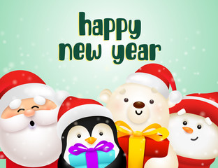 Fototapeta na wymiar New Year postcard design with cute penguin, Santa, polar bear and snowman holding gifts on light green background. Vector illustration for Christmas posters, greeting and invitation card templates