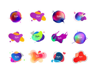 Modern bright neon shapes set. Multicolored abstract shapes and lines with sample text. Trendy minimal templates for presentations, banners, apps and web pages. Vector illustration