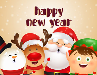 New Year postcard design with Christmas characters. Snowman, reindeer, elf and Santa singing and having fun. Vector illustration used for festive posters, greeting and invitation card templates