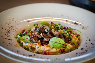 lebanese hummus dish with fresh vegetables, beef meat & pomegranate seeds