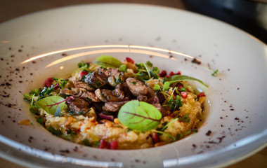 lebanese hummus dish with fresh vegetables, beef meat & pomegranate seeds