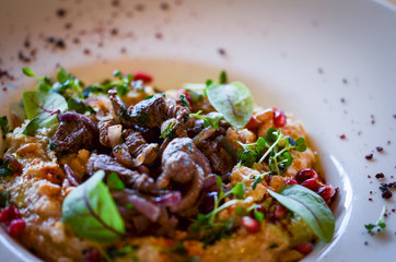 lebanese hummus dish with fresh vegetables, beef meat & pomegranate seeds