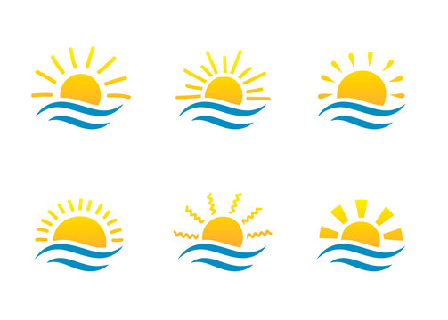 Sunrise and sea cartoon logo temlates collection. Water waves and sunbeam icons set.