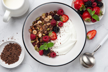 Chocolate  granola with yogurt and fresh berry in white  bowl