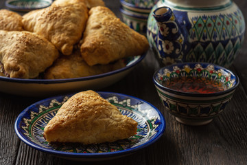 Puff pastries with meat (samosa) - traditional uzbek and indian pasrty. 