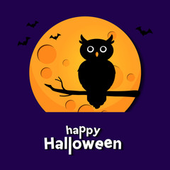 Halloween paper cut greeting card. An owl in front of the moon.