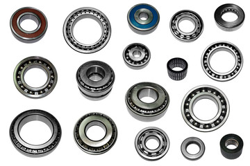 Car bearings collage on isolated background. Bearings close-up advertising store.