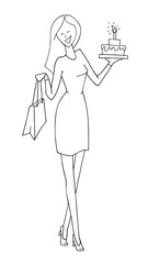 Vector hand drawn illustration isolated on white background. Black and white. Smiling young woman holding birthday cake and presents. Happy girl with long hair in a dress. Birthday party celebration