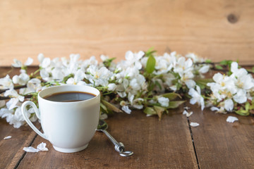 White cup of coffee and pear blossom on the wooden background with copy space