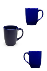 different angles of a blue mug