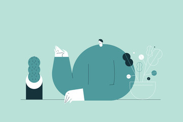 Time relax. Young man sits at a table on which are decorative plants. Flat design style minimal vector illustration. Use in web projects and applications.