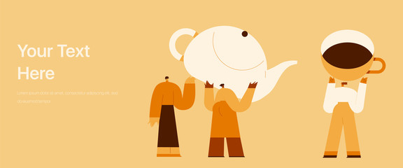 The girl and the boy drink tea at the break. Flat design style minimal vector illustration. Use in web projects and applications.
