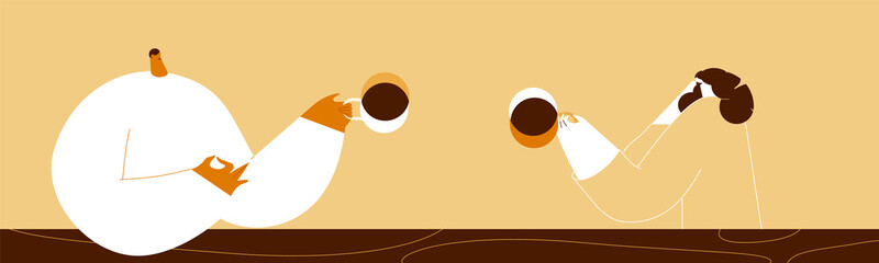 The girl and the boy drink tea at the break. Flat design style minimal vector illustration. Use in web projects and applications.