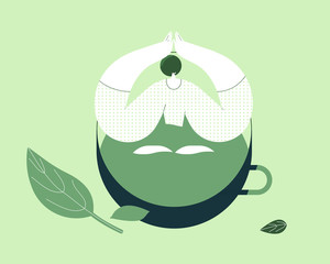 Girl sitting in a cup of tea. Flat design style minimal vector illustration. Use in web projects and applications.