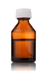 brown or amber glass medical bottle on a white isolated background