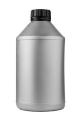 Gray plastic oil canister on a white isolated background with place for text.